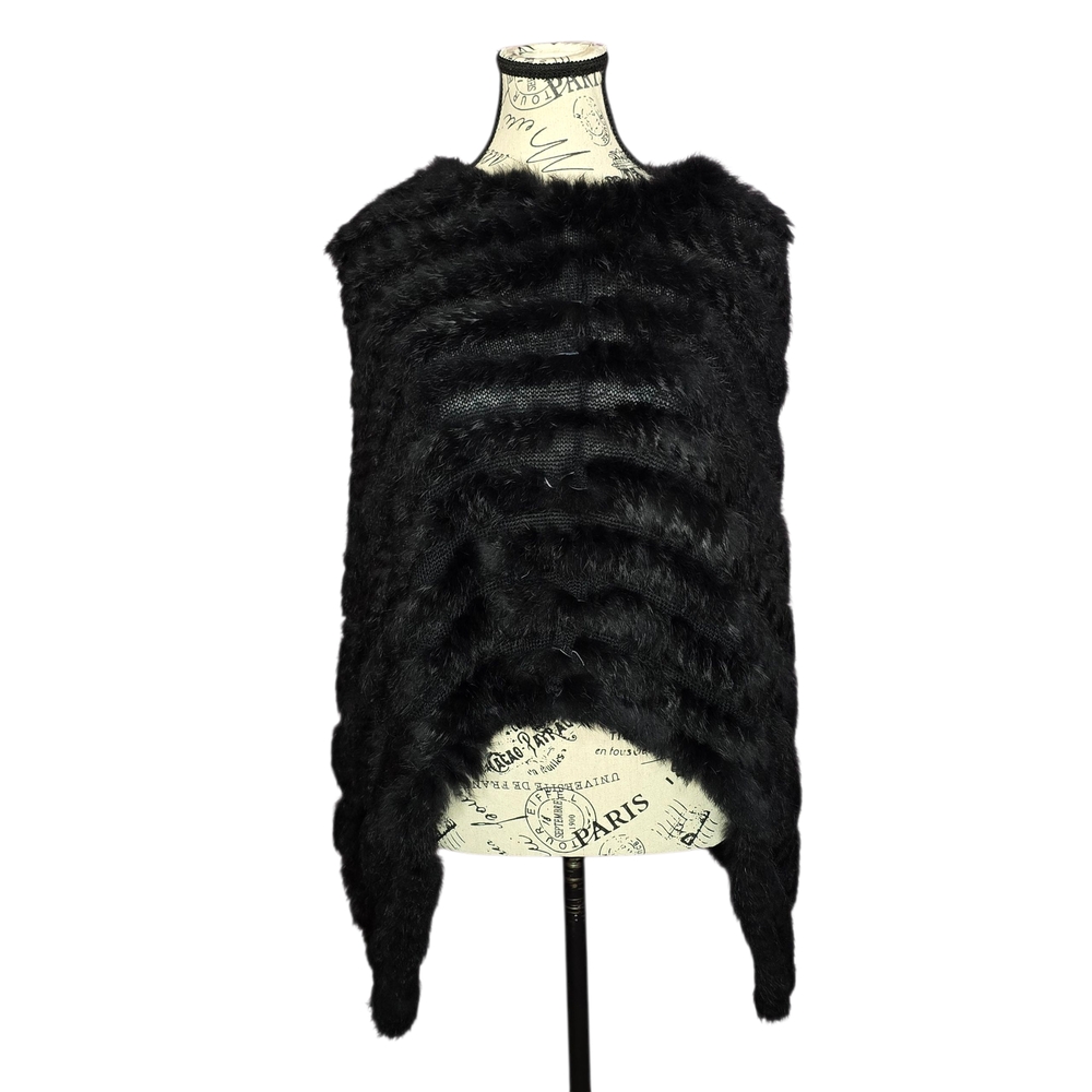 XOXO Black Genuine Rabbit Fur Poncho Cape Mobwife Y2K